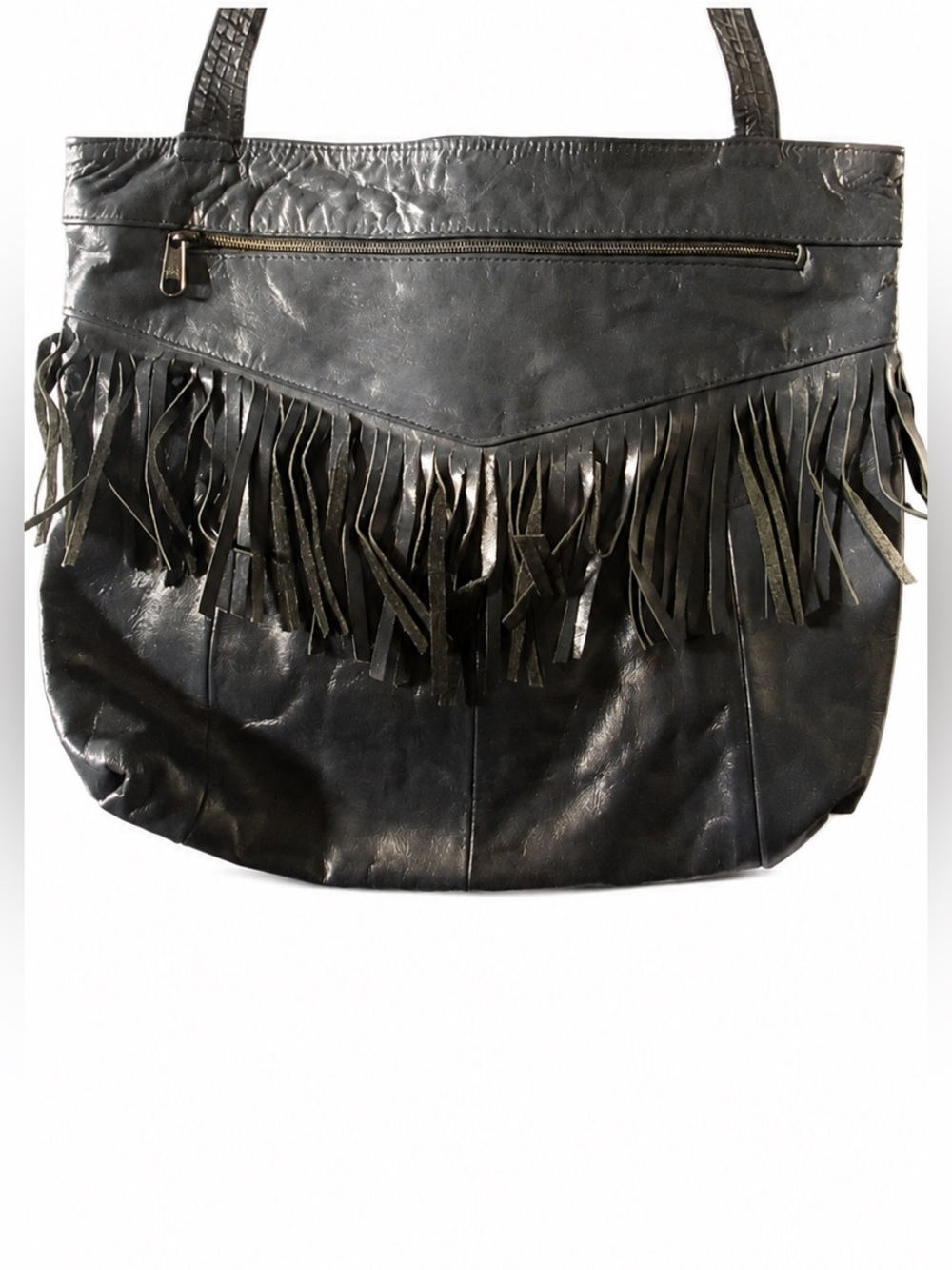 Fringed Blueish Black Leather Shoulder Bag